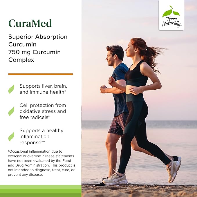 Terry Naturally CuraMed 750mg - Antioxidant Supplement for Brain &amp Heart Health Support - Dietary Supplement with High-Potency Curcumin Complex - Kidney Liver &amp Immune Health Support - 90 Sof