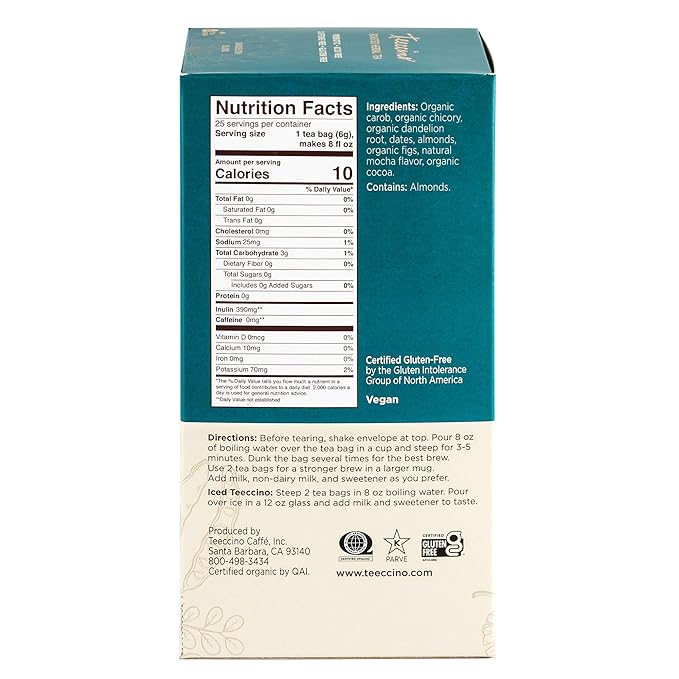 Teeccino Dandelion Mocha Tea - 25 Tea Bags - Caffeine-Free Roasted Herbal Tea with Prebiotics 3x More Herbs than Regular Tea Bags - Gluten-Free Acid-Free Coffee Alternative (Pack of 3)