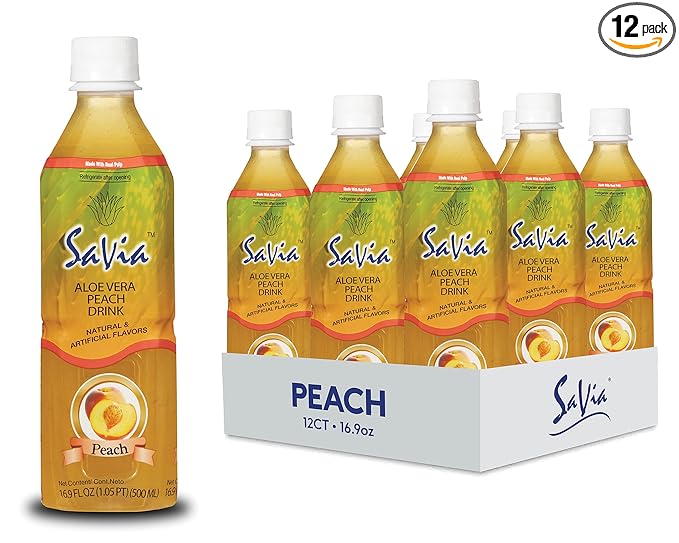 Savia - Peach Aloe Vera Drink Quality Aloe-Based Beverage Made with Real Aloe Pulp &amp Natural Delicious &amp Refreshing Vegetarian Gluten-Free Fat-Free (16.9oz 12-Pack)