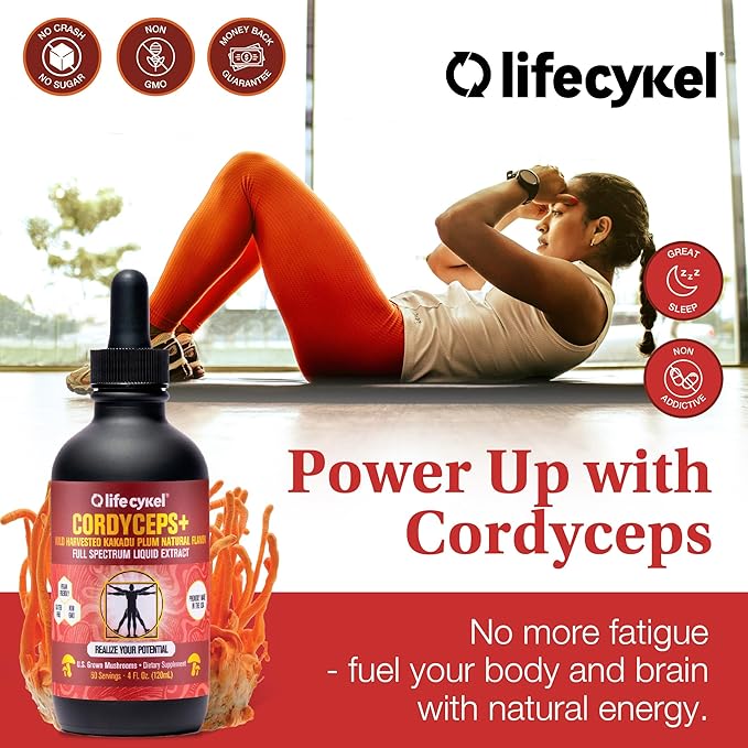 Life Cykel Cordyceps Mushroom Extract with Kakadu Plum - Energy Stamina &amp Vitality Support Natural Aging Supplement - Non-GMO and Vegan Tincture - 4Fl Oz