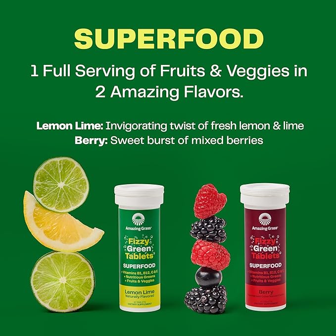 Amazing Grass Effervescent Tablets: Green Superfood Water Flavoring Tablet with Antioxidants &amp Alkalizing Greens Lemon Lime 60 Count