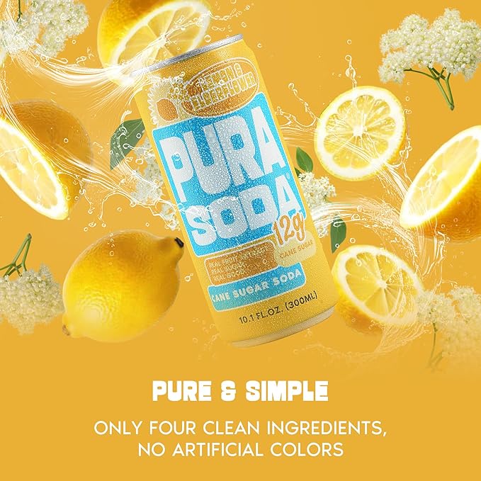 PuraSoda® Lemon &amp Elderflower | 65 Calories &amp 12g Pure Cane Sugar per Can | Non-GMO Vegan | Made with Pure Cane Sugar Clean &amp Refreshing | 10 fl oz (300ml) Cans Pack of 24