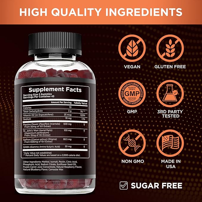 Effective Nutra Saffron Gummies for Adults 88.5mg - Mood Support &amp Stress Relief with GABA Passion Flower - 5-in-1 Formula - Sugar-Free Vegan Non-GMO Made in USA - 90 Count (45-Day Supply)