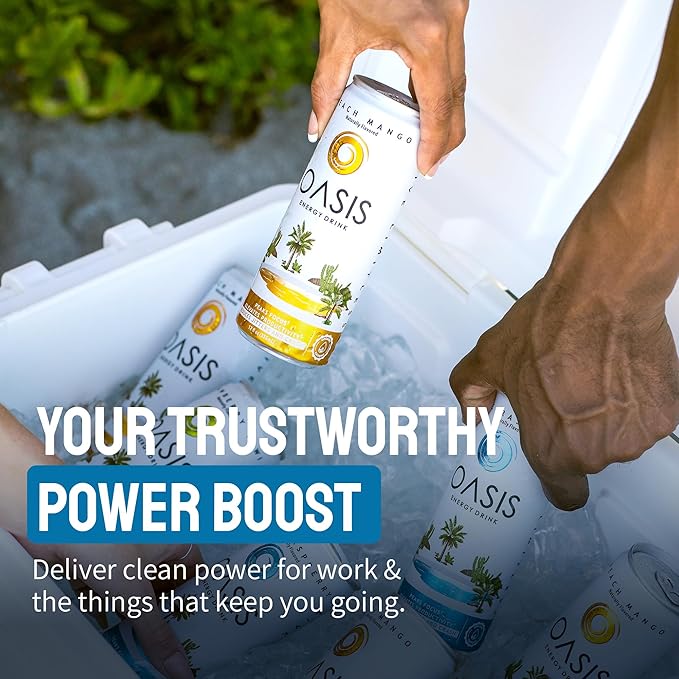 Oasis Energy Drink - Peach Mango (12-Pack) Smooth Clean Energy with Focus-Boosting Nootropics Zero Sugar Low-Calorie Vegan Gluten-Free Juicy Fruity Flavor Perfect for Work &amp Daily Workouts (