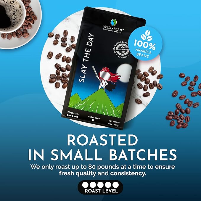 Well-Bean Coffee - Slay the Day Whole Bean Coffee Dark Brazilian Coffee Vegan Coffee Beans Whole Gluten-Free and Keto Friendly Dark Roasted Coffee 2 lb Coffee…