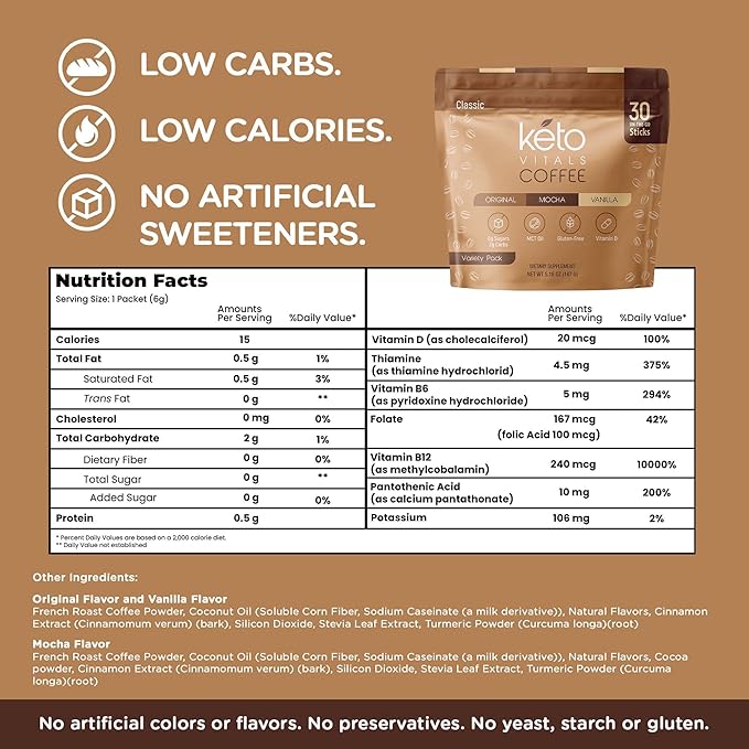 Keto Vitals Instant Keto Coffee Powder with MCT Oil &amp Vitamins - Low-Calories Low-Carb No Artificial Sweeteners – Energy &amp Metabolism Support – 30 Single-Serve Sticks (Original Vanilla &amp