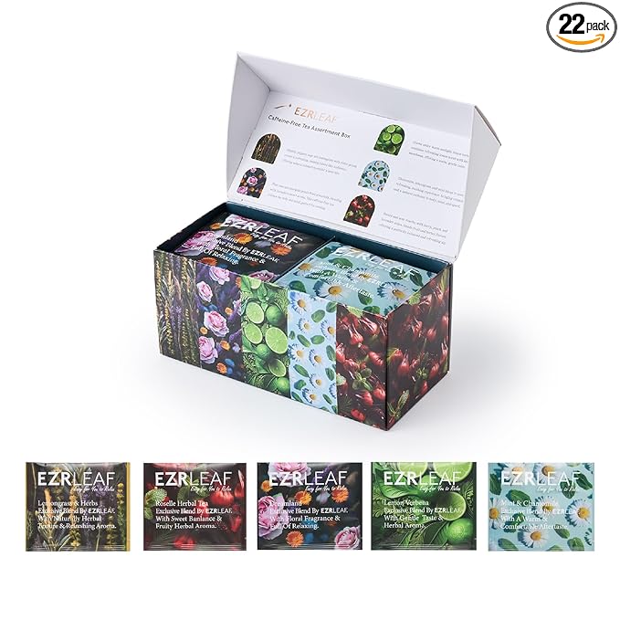 Decaf Herbal Tea Sampler – EZR Leaf 22ct Caffeine-Free Pyramid Bags Assorted Fruit &amp Floral Blends with Lemon Verbena Chamomile Mint Dreamland Roselle – Variety Tea Assotment Gift Set for Tea