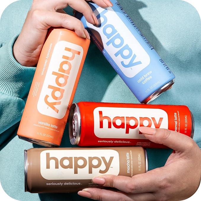 happy coffee canned mocha latte 11 oz. cans 12 pack notes of cocoa &amp elation 100% arabica beans no artificial flavors or sweeteners