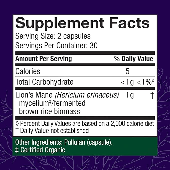 Host Defense Mushrooms Lion's Mane - Supplement Capsules for Brain Health Support - Mushroom Support for Focus &amp Memory Function - Immune &amp Nervous System Supplement - 60 Capsules