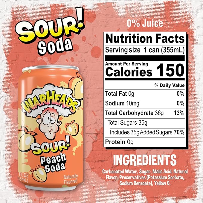 Sour Fruity Soda with Classic Warheads Flavors – Perfectly Balanced Sweet and Sour Soda - Warheads Candy Throwback Treat Soda Cocktail Mixer Pack of 12 12oz Cans (Peach)