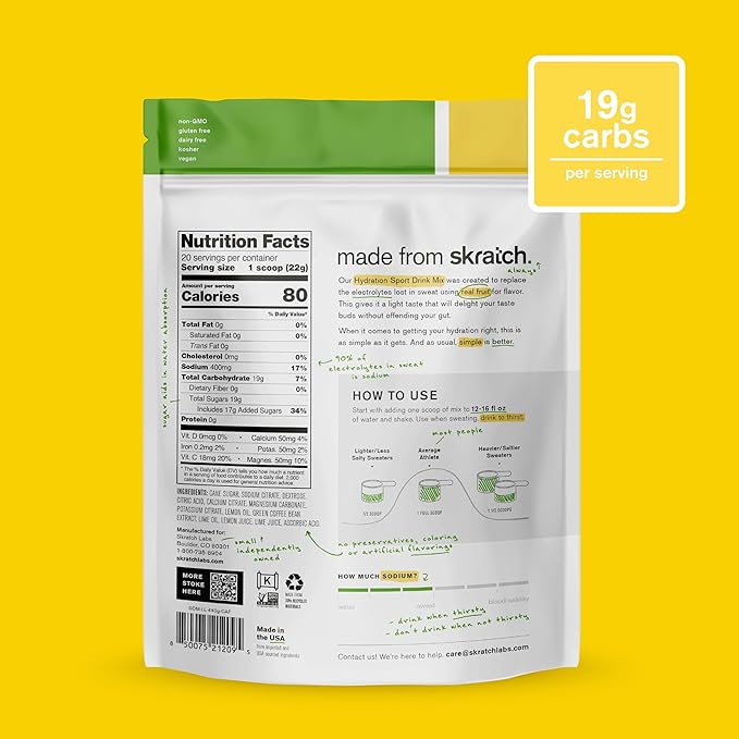 Skratch Labs Hydration Sports Drink Mix with Caffeine – Real‑Fruit Electrolyte Powder for Fast Hydration &amp Energy | Lemon Lime | 20 Servings | Vegan Non‑GMO Clean Ingredients