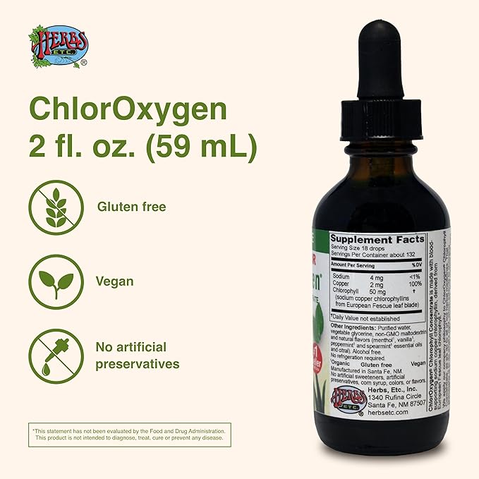 Herbs Etc. ChlorOxygen Chlorophyll Concentrate - Highly-Concentrated Energy Support - Aids Healthy Blood Circulation - Natural Vitality Support - Alcohol-Free - Mint 2 fl oz (About 132 Servings)