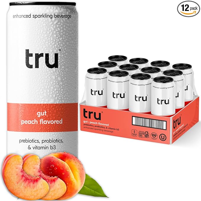 Tru Gut Seltzer Sparkling Water with Prebiotics Probiotics &amp Vitamin B3 Peach Juice &amp Natural Flavor Lightly Carbonated Gluten Free Vegan Caffeine Free Low Calorie 12 FL OZ Cans 12 P