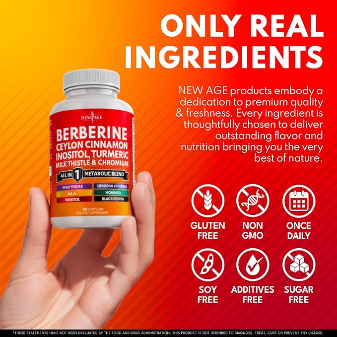 Berberine and Ceylon Cinnamon Supplement - Bitter Melon Glucomannan Gymnema Sylvestre Chromium Moringa Milk Thistle Turmeric Inositol Pills - 60 Count