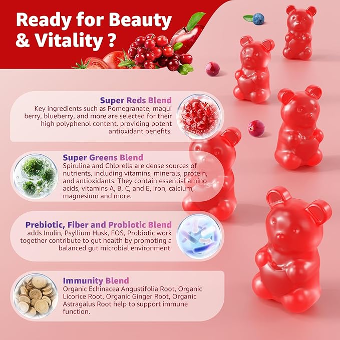 Super Reds Gummies Fruit and Veggie Supplement w/40+ Superfoods Polyphenol Fruits Berries Super Greens Beet Root Powder Alternative Support Energy Antioxidants Gut Health Immunity 60Cts