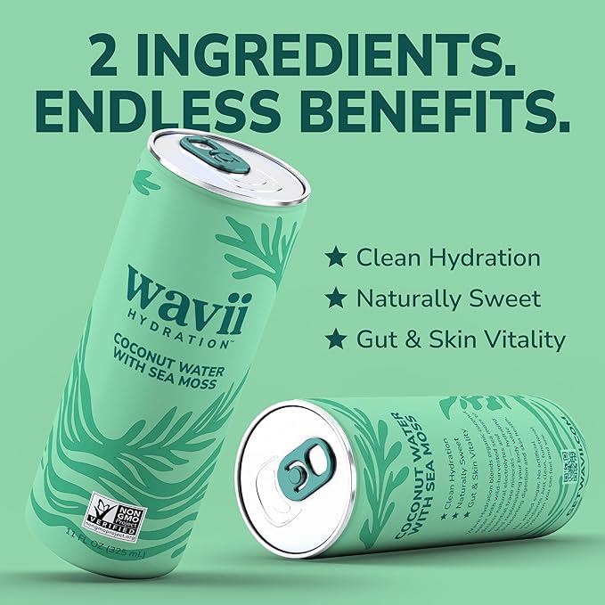 Wavii Hydration Organic Coconut Water with Organic Sea Moss 11 fl oz Cans Pack of 12 – Clean Refreshing Hydration with Naturally Occurring Electrolytes No Added Sugar Non-GMO