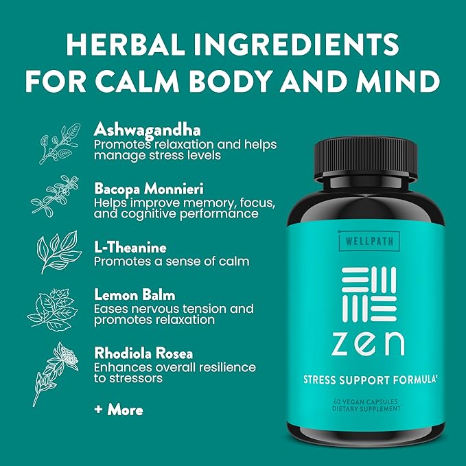WellPath Zen Stress Relief Supplement + Mood Support (180 ct) | Calm Stress &amp Energy Aid | Ashwagandha Root Rhodiola Rosea L-Theanine Lemon Balm | Herbal Capsules