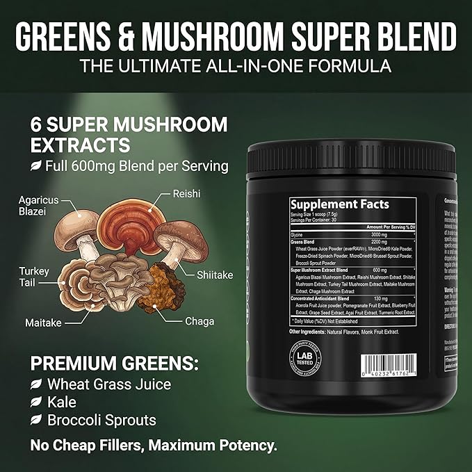 PEScience Greens Powder Superfood with Natural Chlorophyll Reishi &amp Turkey Tail Mushroom Powders Freeze-Dried Kale Spinach Broccoli Sprouts with Antioxidants - Original Flavor 30 Servings