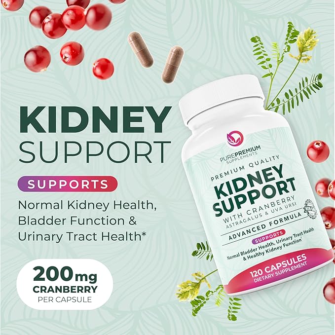 PurePremium Kidney Support Supplement – Kidney Cleanse Detox &amp Repair with Cranberry Extract &amp Astragalus - 21-in-1 Complex Supports Normal Bladder Urinary Tract &amp Kidneys Health - 120 Da