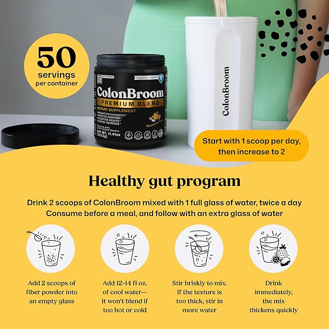 ColonBroom Premium Powder Supplement (Strawberry) - Colon Broom Psyllium Husk Fiber Powder Drink - Gluten Free Non-GMO Colon Cleanse for Bloating Relief &amp Gut Health 50 Servings