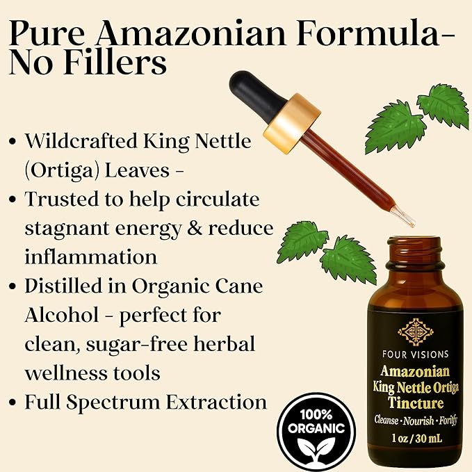 Four Visions Stinging Nettle Tincture (King Nettle) – Organic Liquid Herbal Supplement for Immune Support Prostate Health Hormone Balance &amp Daily Detox – Ortiga Verde Orgánica – 2 oz