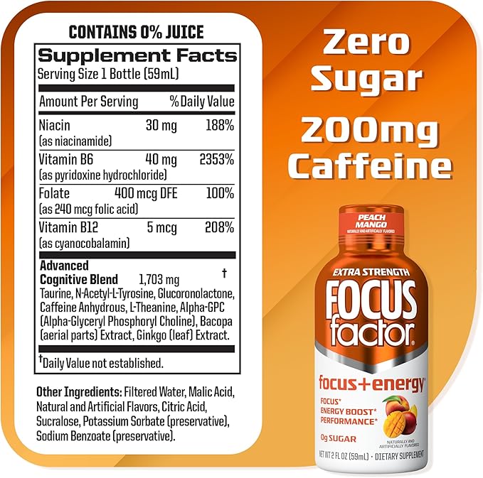 Focus Factor Extra Strength Focus + Energy Shots - 12 x 2oz Bottles (Peach Mango Flavor) - Powered by Nootropics with Caffeine L-Theanine Ginkgo Bacopa L-Tyrosine Alpha GPC