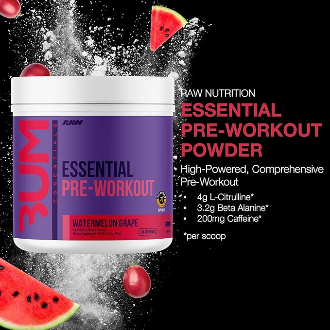 RAW Essential Pre-Workout Powder (Watermelon Grape) - Chris Bumstead Sports Nutrition Supplement for Men &amp Women - Preworkout Energy Powder with Caffeine L-Citrulline L-Tyrosine &amp Beta Alani