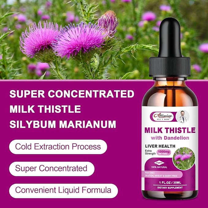 Liver Health Support Liquid 1000mg Milk Thistle 80% Silymarin Extract &amp 250mg Dandelion Root Extract Liver Cleanse Detox &amp Repair Fatty Liver Formula Vegan Non-GMO and All-Natural