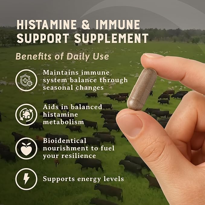 HEART &amp SOIL – 100% Grass Fed &amp Finished Histamine &amp Immune Support Supplement from Regenerative Cattle with Thymus Lung Spleen Liver &amp Kidney – Immune Defense – Glass Bottle – 180
