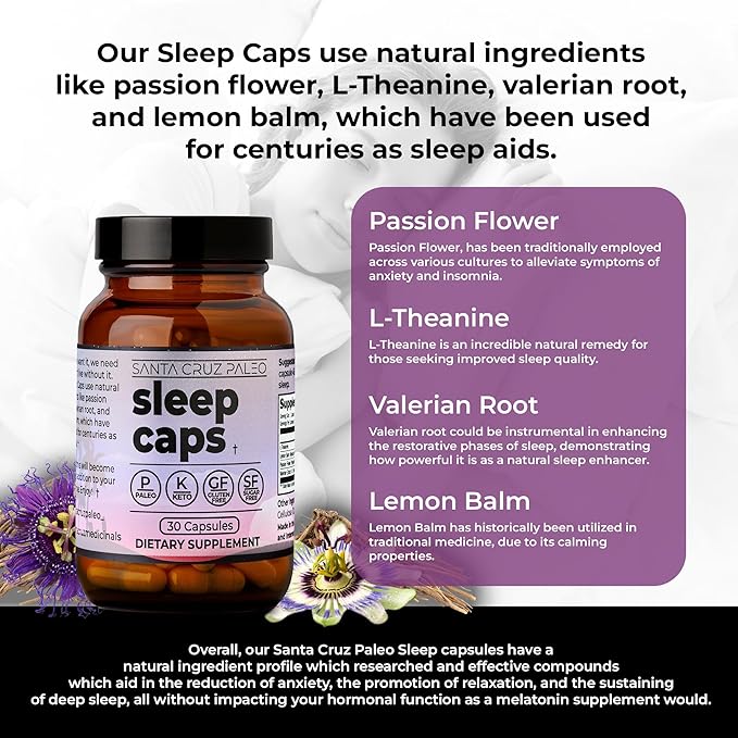 Santa Cruz Paleo Sleep Caps with L-Theanine Lemon Balm Passion Flower &amp Valerian Root Melatonin-Free Nighttime Relaxation Paleo &amp Keto Friendly Sugar &amp Gluten Free 30 Capsules