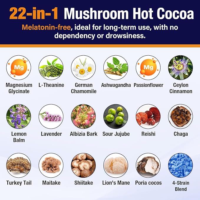 Mushroom Hot Cocoa with Magnesium Glycinate Reishi L-Theanine Ashwagandha Lemon Balm Lavender Cacao Powder Organic Hot Chocolate Supplement for Sleep Relaxation No Melatonin 2P