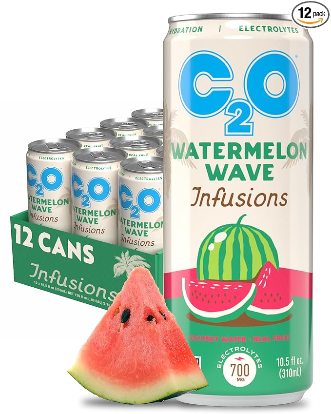 C2O - Coconut Water Infusions - Watermelon Wave (12 Pack) - 700mg of Electrolytes - Made with Fresh Coconut Water + Real Fruit Juice - Plant Based Natural Hydration Non GMO - 12 Slim Cans 10.5 fl oz