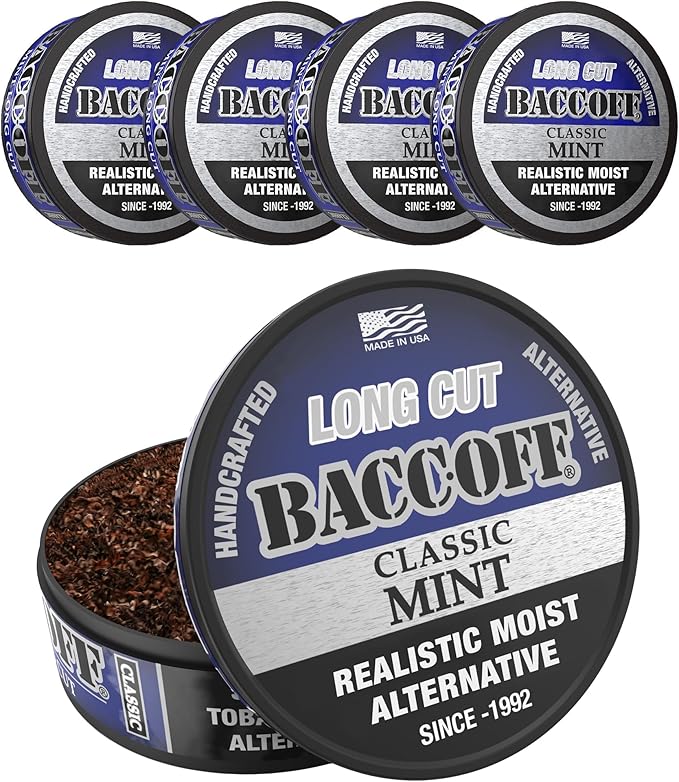 5 Cans BaccOff Classic Mint Long Cut Bold and Icy Mint Flavor Realistic Moist Alternative