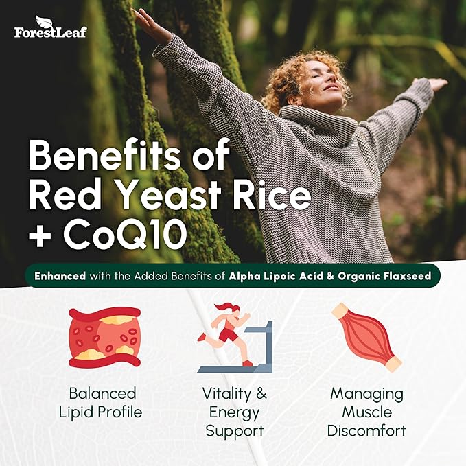 ForestLeaf Red Yeast Rice with CoQ10 Supplement - 1215mg Extra Strength Red Yeast Rice Capsules with Alpha Lipoic Acid &amp Organic Flaxseed Citrinin Free - 180 Capsules