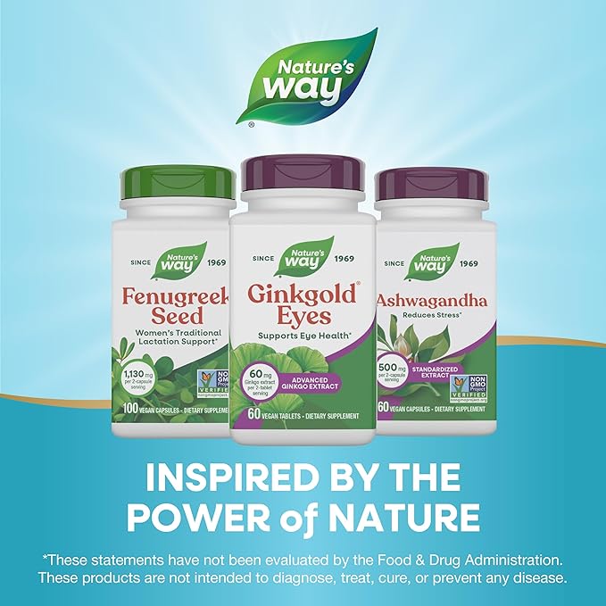Nature's Way Ginkgold Eyes Gingko Biloba Supplements for Adults Supports Eye Health* Gluten Free 60mg Ginkgo Biloba Extract Per 2-Tablet Serving 60 Tablets (Packaging May Vary)