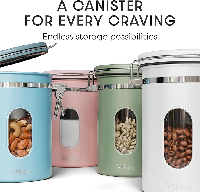 Veken Coffee Canister with Window Easter Gifts Airtight Stainless Steel Container with Lids Home Kitchen Food Storage Jars for Grounds Beans Tea Flour Cereal Sugar Basket Scoop 22OZ Blue