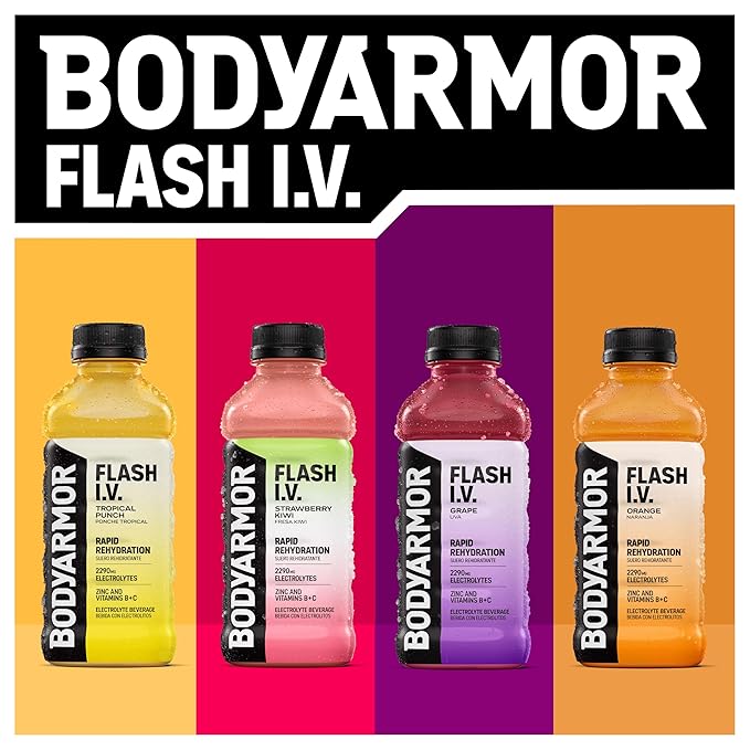 BODYARMOR Flash I.V. Electrolyte Beverage Grape Hydration Drink with Coconut Water For Rapid Rehydration Post Workout Recovery 20 Fl Oz (Pack of 12)