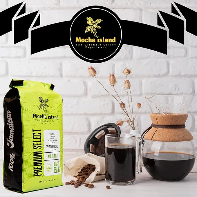 Mocha Island Blue Mountain Coffee from Jamaica Medium Roast Whole Beans (8oz)