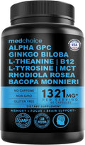 12-in-1 Nootropic Brain Supplement Anhydrous: Ginkgo Biloba for Brain Support Memory and Focus - B12 Alpha GPC L Theanine and Choline Supplements with Bioperine Non Caffeinated 1321mg (60ct)