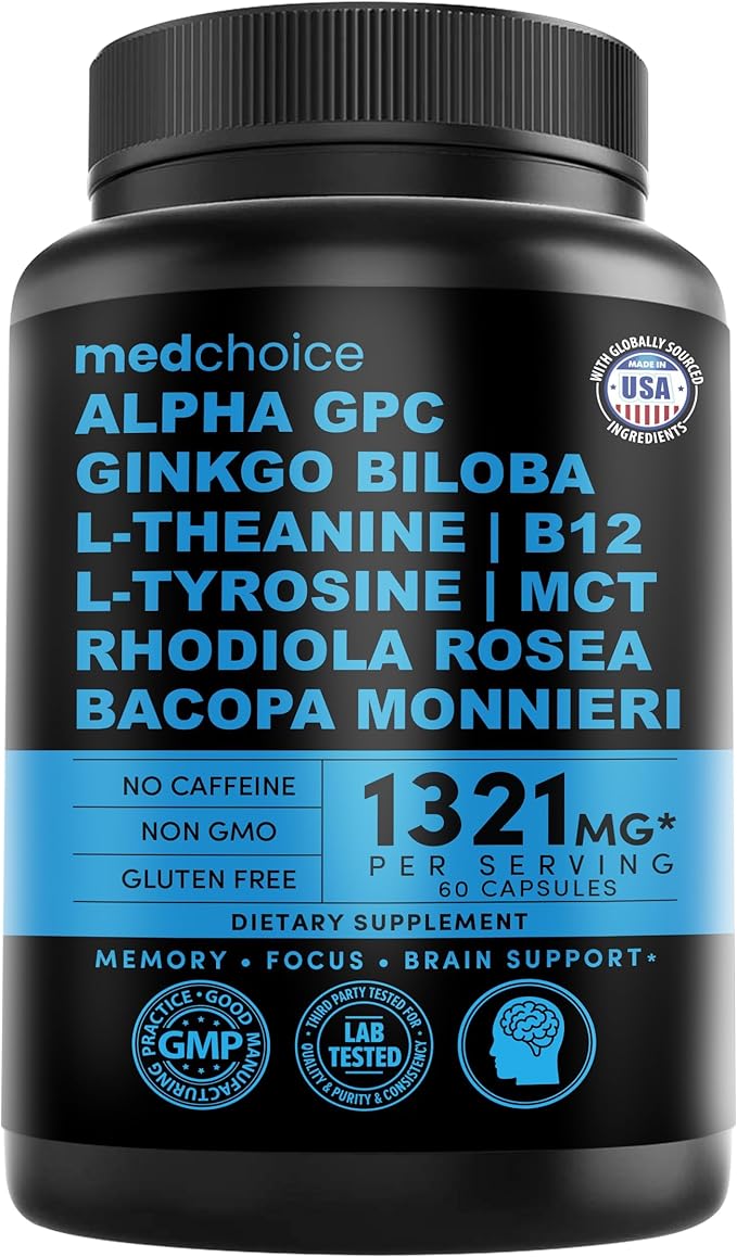 12-in-1 Nootropic Brain Supplement Anhydrous: Ginkgo Biloba for Brain Support Memory and Focus - B12 Alpha GPC L Theanine and Choline Supplements with Bioperine Non Caffeinated 1321mg (60ct)
