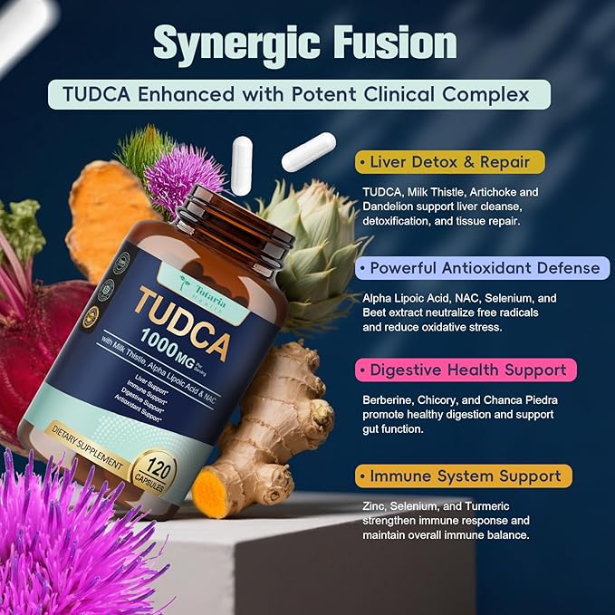 Totaria TUDCA 1000mg Liver Support Supplement with Milk Thistle NAC ALA 80% Silymarin 15-in-1 Extra Strength Bile Salts for Liver Cleanse Detox &amp Repair Gallbladder Non-GMO 120 Capsules
