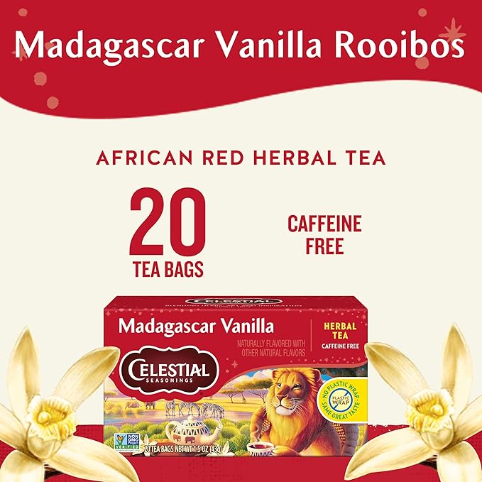 Celestial Seasonings Rooibos Madagascar Vanilla Herbal Tea Caffeine Free 20 Tea Bags Box (Pack of 6)
