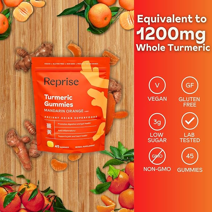 Turmeric Gummies for Women | Turmeric Supplement Gummies for Inflammation | Turmeric Gummies for Adults | Natural Curcumin Low-Sugar Vegan Mandarin Orange Flavor 45 Count