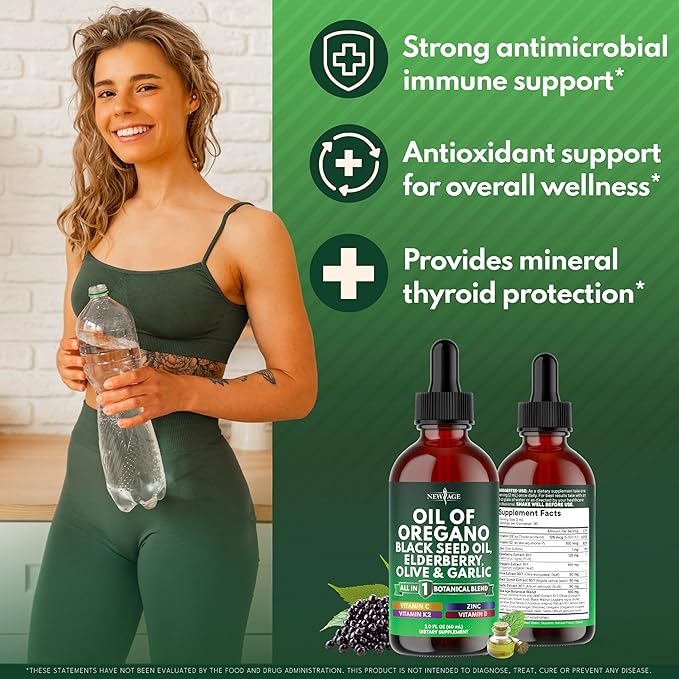 NEW AGE Oil of Oregano Drops - Black Seed Oil Elderberry Vitamin D D3 K2 Olive Garlic - Immune Support Supplement Wellness Formula Zinc Supplements Liquid - 2Fl Oz