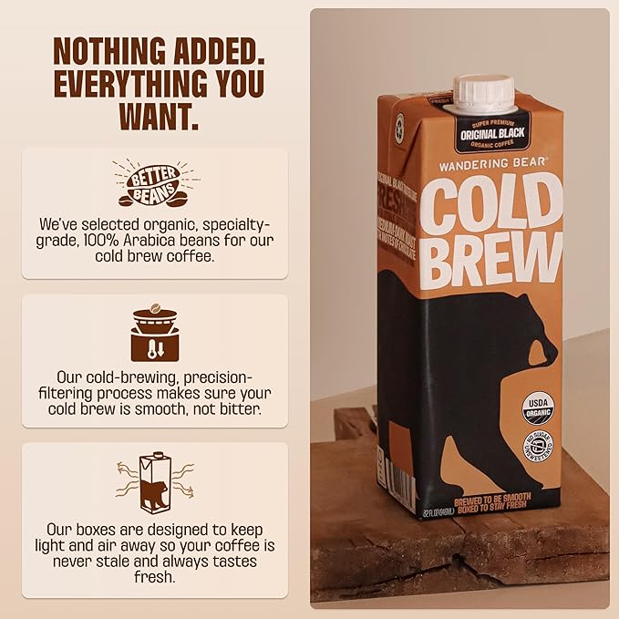 Wandering Bear Organic Unsweetened Extra Strong Cold Brew in a Box - Make Your Own Iced Coffee Drink with Wandering Bear Black Concentrate Shelf-Stable &amp Vegan - 21 Servings - 32 fl.oz
