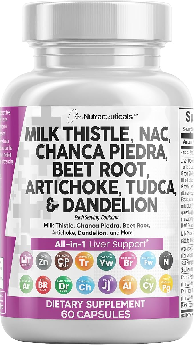 Clean Nutraceuticals Milk Thistle NAC Chanca Piedra Beet Root Artichoke Astragalus Dandelion Root - Liver Cleanse Detox &amp Repair Supplement Plus TUDCA Choline &amp Ginger - 1Pack