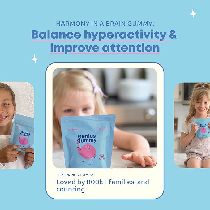 JoySpring Genius Kids Focus Gummies – Natural Herbal Brain Supplement for Kids | Vegan Gluten-Free Sugar-Free with Bacopa Gotu Kola Rhodiola – 60 Count