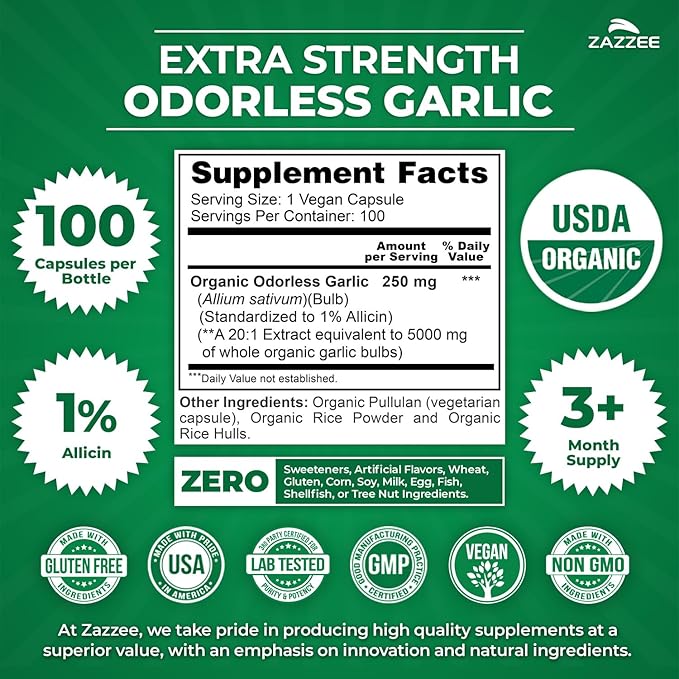 Zazzee USDA Organic Odorless Garlic 20:1 Extract 1% Allicin 100 Vegan Capsules 3+ Month Supply Allium Sativum Immune Circulation &amp Heart Health Support All-Natural Non-GMO Made in the USA