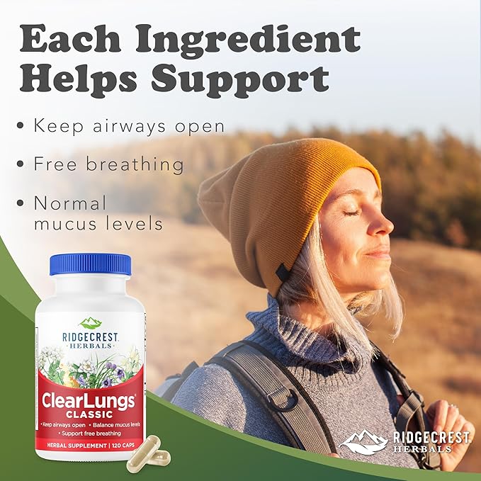 RidgeCrest Herbals ClearLungs Classic Daily Health Supplement Natural Lung and Nasal Wellness Formula for Bronchial Respiratory Immune Sinus and Mucus Support (120 Vegan Caps 60 Serv)