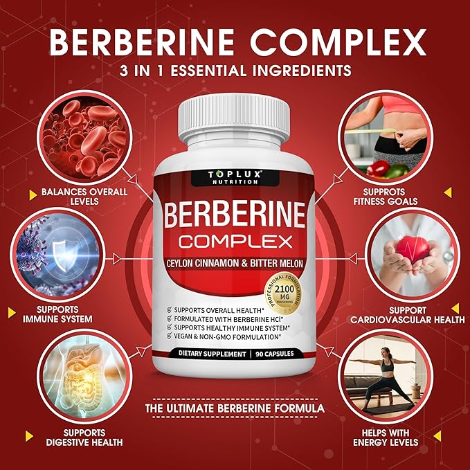 Toplux Berberine with Ceylon Cinnamon and Bitter Melon 2100mg - High Purity 97% HCL Berberine Supplement Supports Overall Health &amp Immune System Non-GMO Vegan 90 Capsules